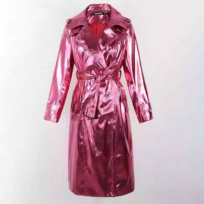 Bright Patent Leather Windbreaker Long Style