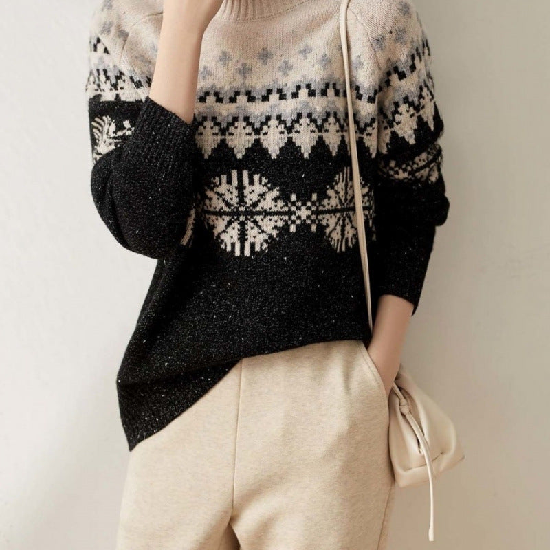 Snowflake Turtleneck Knitted Retro Loose Sweater