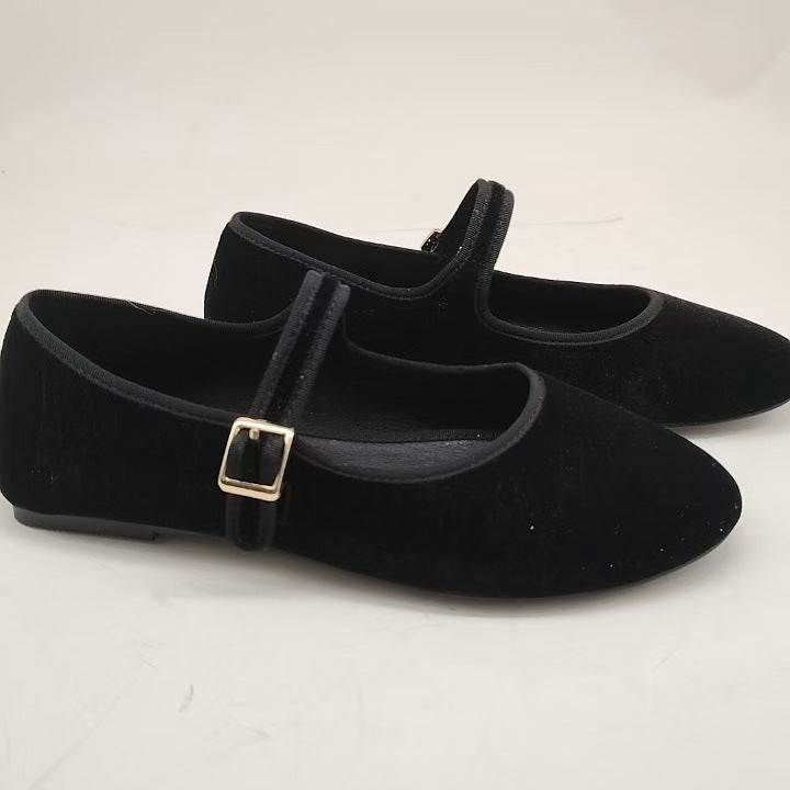 Casual Velvet Flat Pumps Buckle Mary Jane Ballet Slipper