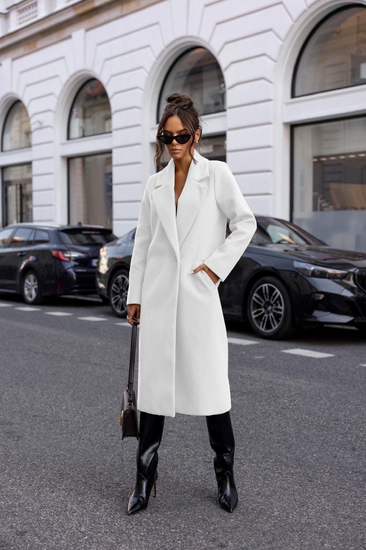 Simple Solid Color Long Sleeve Mid-length Woolen Coat