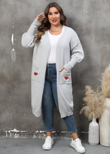 Women's Plus Size Mid-length Woven Love Double Pocket Lantern Sleeve Sweater Cardigan