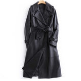 Black Long Tie Double Breasted Leather Wind Coat