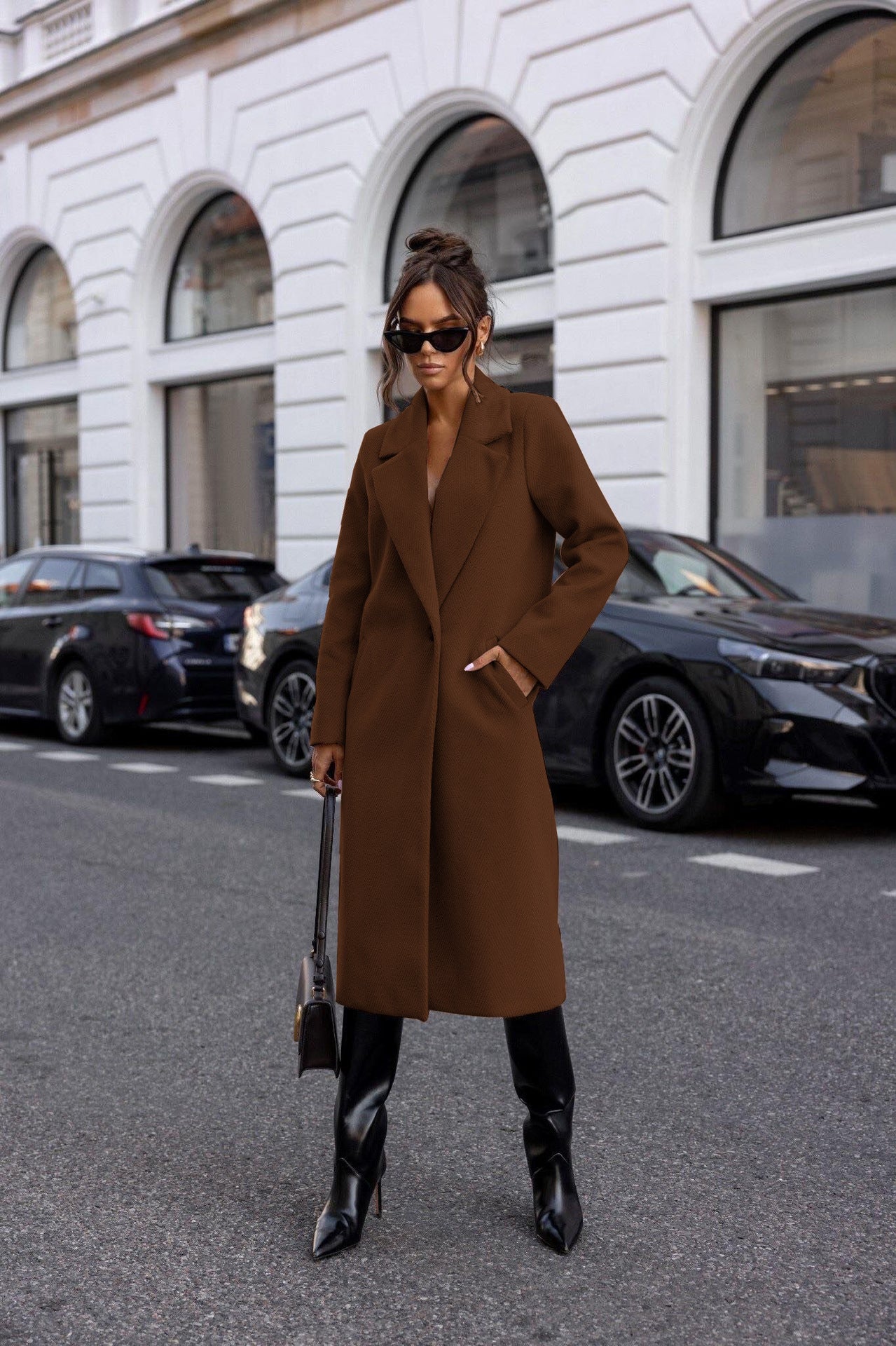 Simple Solid Color Long Sleeve Mid-length Woolen Coat