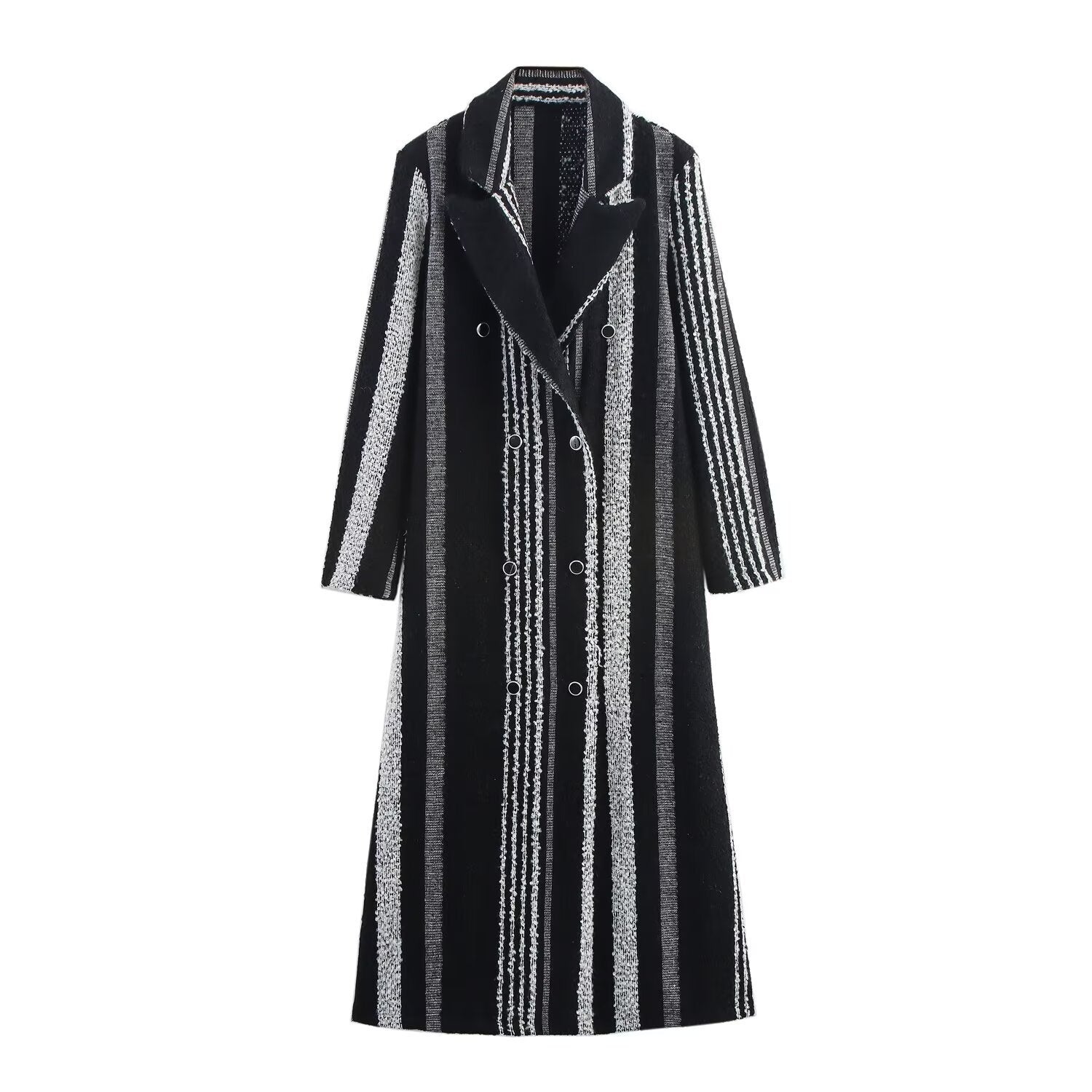 European And American Style French Style Women's Elegant Black And White Striped Woolen Coat