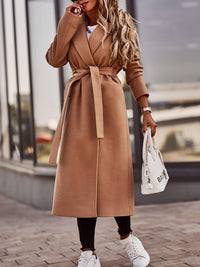 Autumn And Winter Simplicity Long Sleeve V-neck Lace Up Woolen Coat Top Women