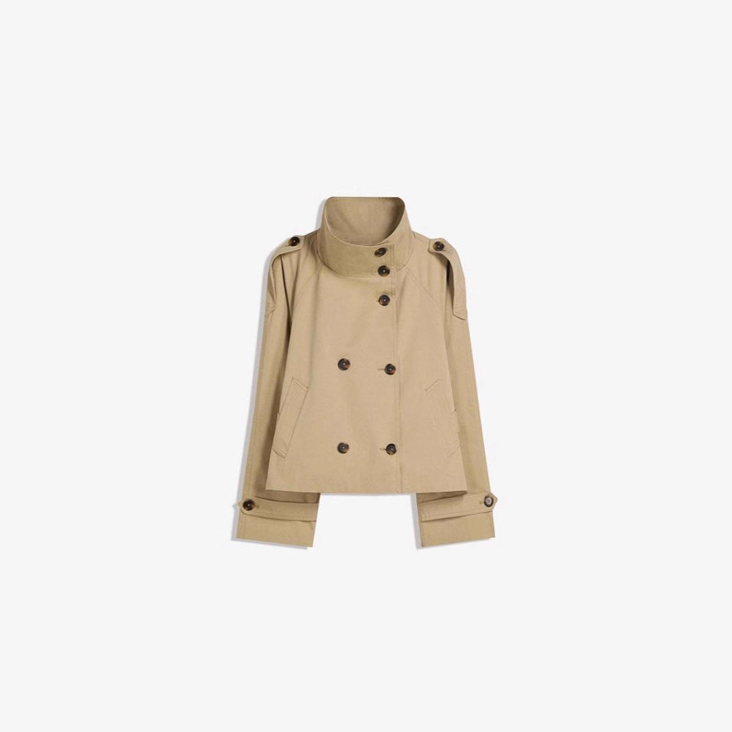 Retro Lapels Design Double Breasted Lace Up All-match Long Sleeve Short Trench Coat