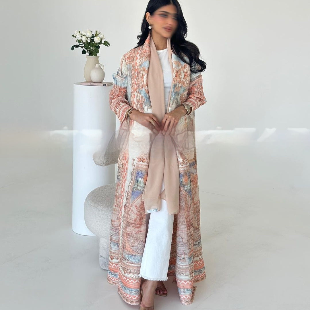 Pleated Trench Djellaba Hot-selling Printed Shawl Cardigan Ethnic Style Cloak Coat