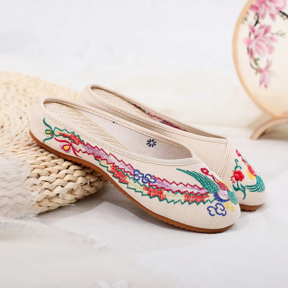 Embroidered Phoenix Women Cotton Close Slippers