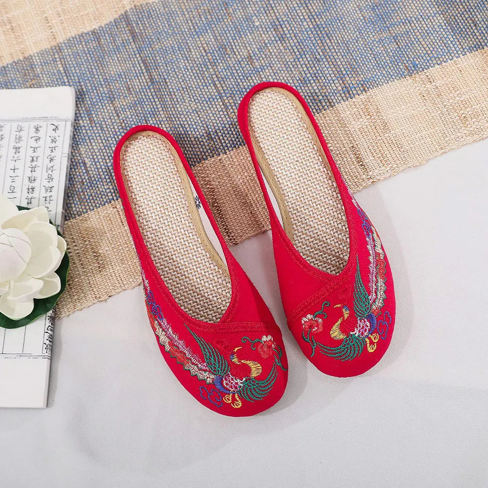 Embroidered Phoenix Women Cotton Close Slippers