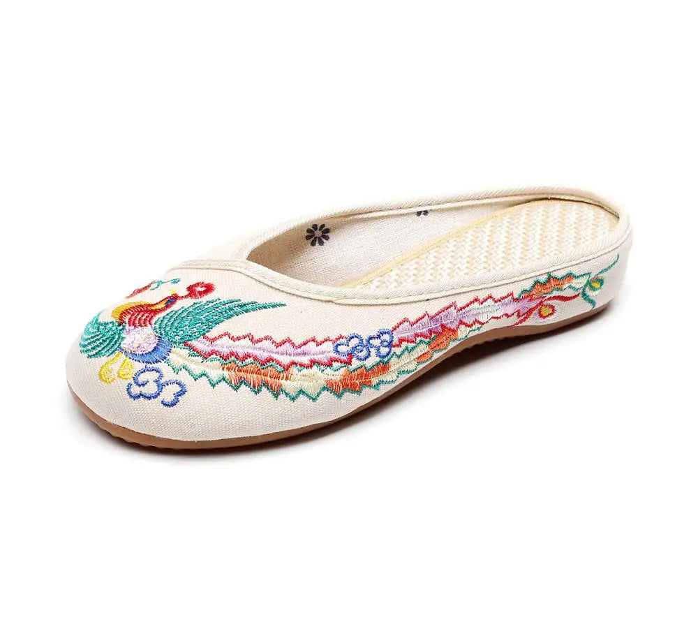 Embroidered Phoenix Women Cotton Close Slippers