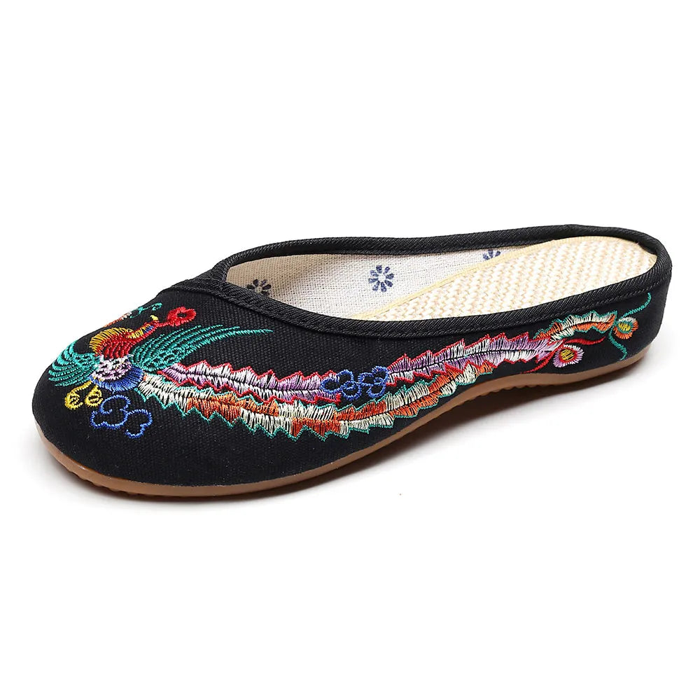 Embroidered Phoenix Women Cotton Close Slippers