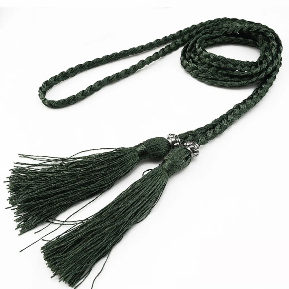 Women Waist Belt Rope Chinese Style Braided Woven Tassel Thin Belt Female Knot Decorated Waistband Hot Casual Solid Black Belts