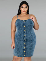 Plus Size Sleeveless Button Midi Denim Dress