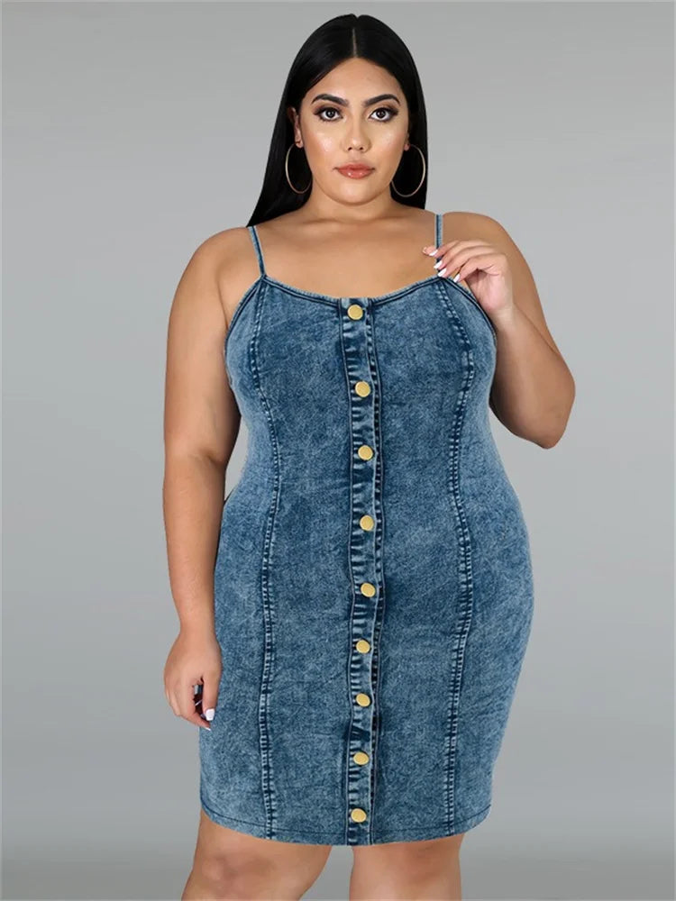 Plus Size Sleeveless Button Midi Denim Dress