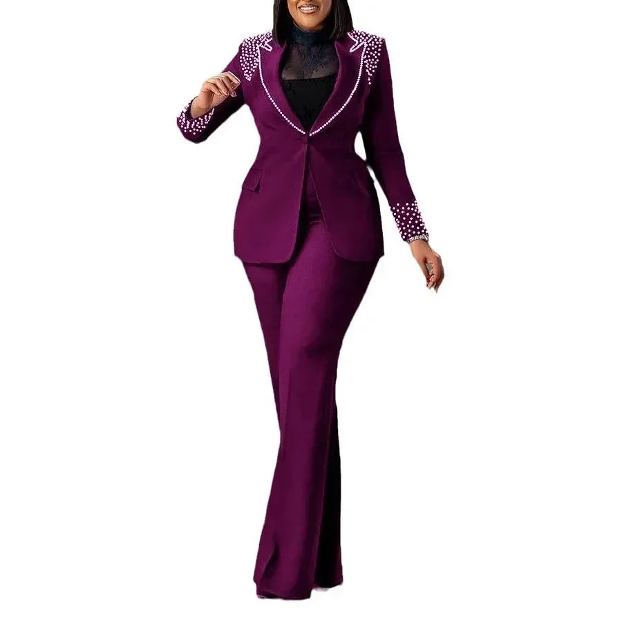 Women's Pearl Splicing Blazer and Wide Pants Set