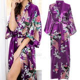 Women Long Robe Peacock Satin Print Nightgown