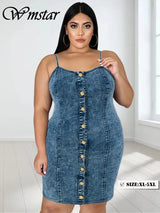 Plus Size Sleeveless Button Midi Denim Dress