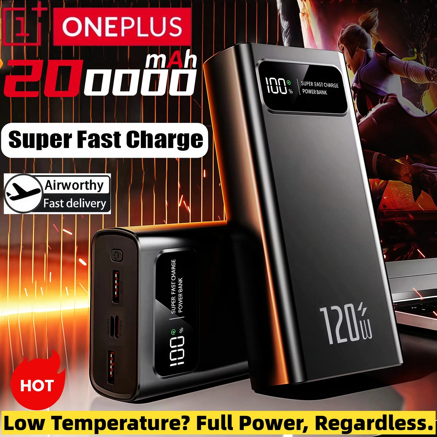 ONEPLUS 200000mAh Power Bank 120W Super Fast Charging Battery High Capacity Digital Display Winter-Proof Power For iPhone Huawei