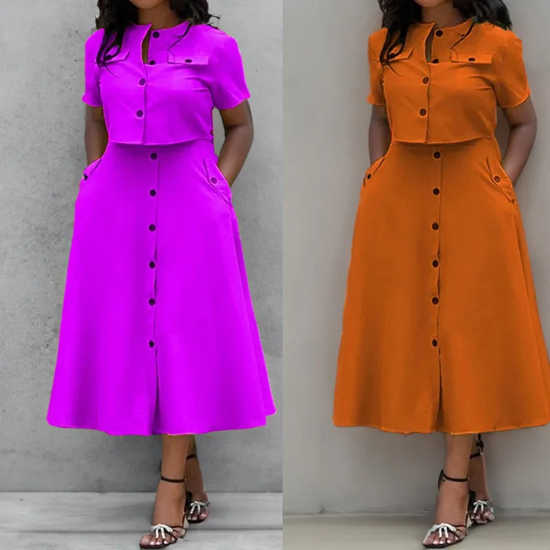 Women O-Neck Button Shirt + Midi Skirts 2 Piece Sets