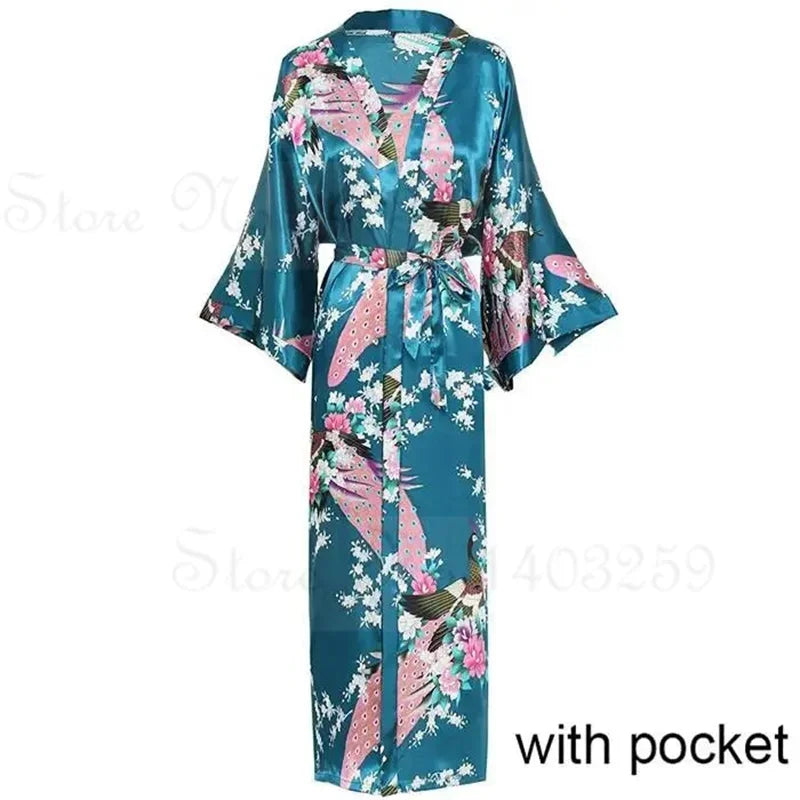 Women Long Robe Peacock Satin Print Nightgown