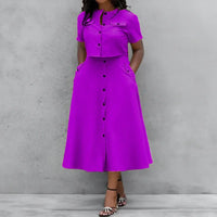 Women O-Neck Button Shirt + Midi Skirts 2 Piece Sets