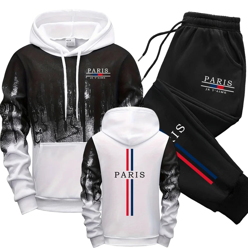 Autumn Winter Mens Tracksuit Casual Printing Splash-ink Hooded Sweatshirts Sports Jogging Mens Clothing Single Piece Tops Pants
