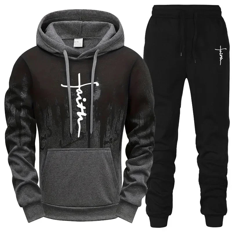 Mens Tracksuit Casual Printing Splash-ink Hooded Sweatshirts Sports Jogging Mens Clothing Autumn Winter Single Piece Tops Pants