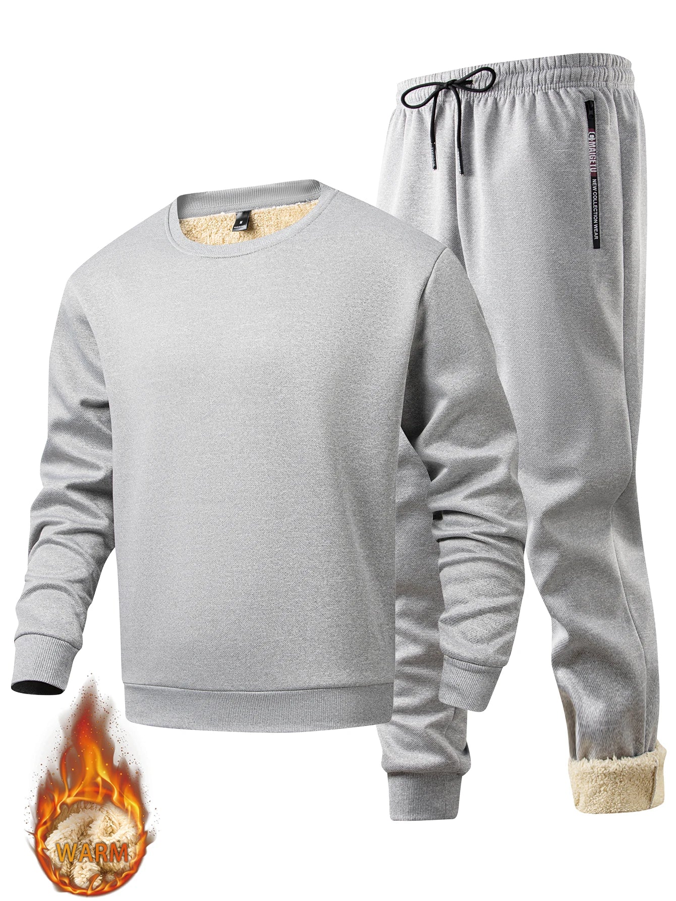 Men's winter sportswear set; warm fleece round neck sweatshirt and men's drawstring sport pants