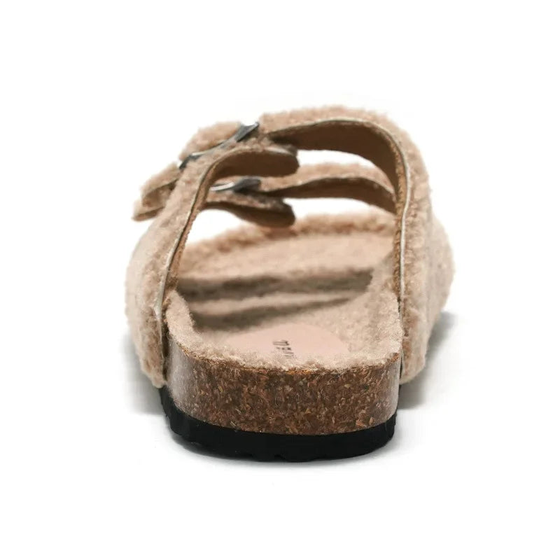 Casual Solid Buckle Sheep Fur Cork Slipper