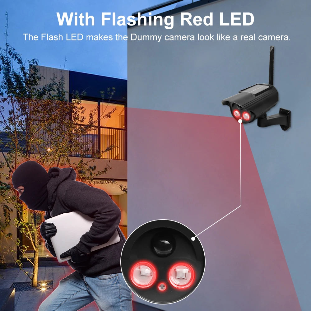 Outdoor Solar Simulation Camera Waterproof Dummy Camera Home Safe CCTV Surveillance Simulation Fake Camera Flashing LED Light