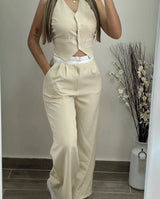 Summer Sexy Elegant V-Neck Buttoned Vest Top & Pants