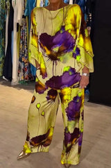 Women Printed Satin Round Neck Pants Sets