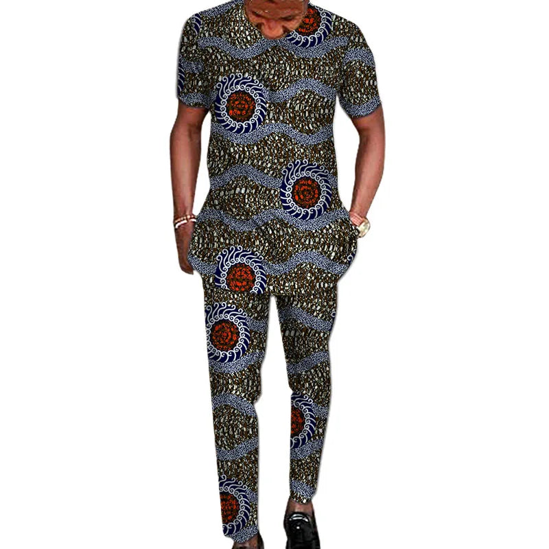 African Tribal Culture Men's Outfits Short Sleeve Set Shirts Patch Trousers African Print Male Pant Suits Party Wear Customized