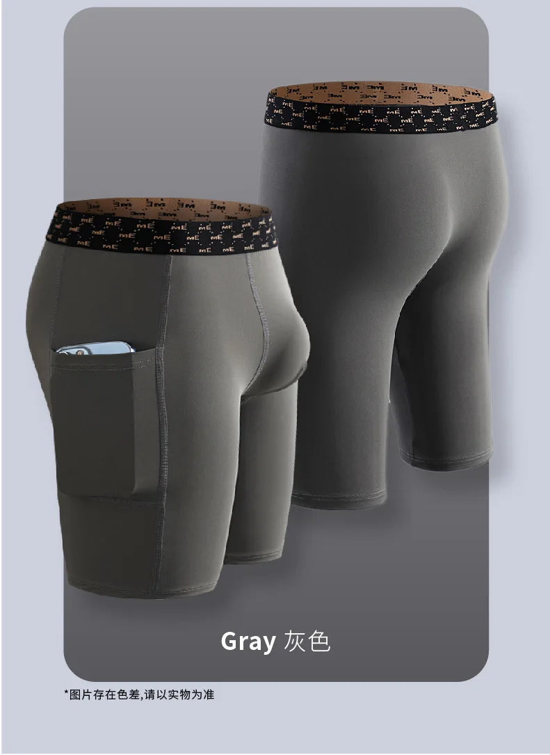 Mens Quick-drying Underpant Long Legs U Convex Pouch Boxers With Side Pockets Sports Breathable Running Wear Resistant Panties