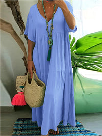 Plus Size Summer V-Neck Short Sleeve Pleated Dress