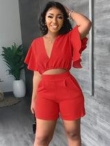 Women's Solid Flounces Short Sleeved Set
