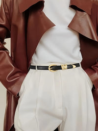 Women's Slim Fit PU Belt, Fine Waistband, Denim Pants, Formal Pants, Fashionable Black Belt with Gold Buckle