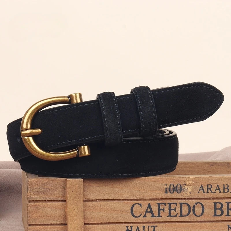 Fashion Women Belt Suede Genuine Leather Skinny Waistband Gold Buckle Wine Red Belts for Jeans Pants Casual
