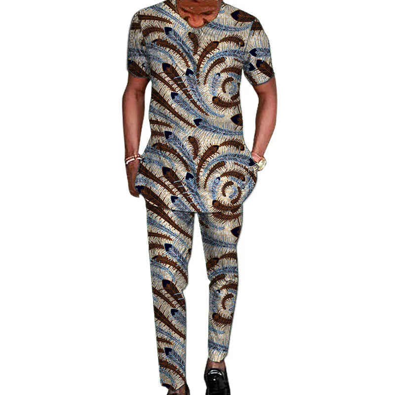 African Tribal Culture Men's Outfits Short Sleeve Set Shirts Patch Trousers African Print Male Pant Suits Party Wear Customized