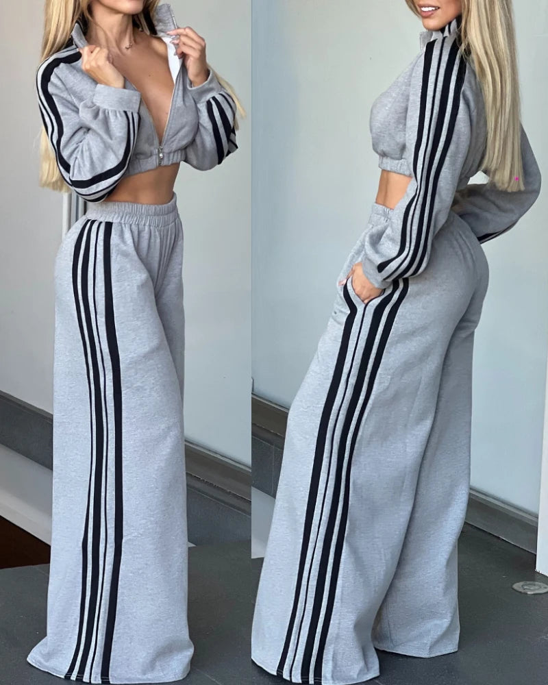Casual Zipper Striped Long Sleeve Top & Pocket Trousers