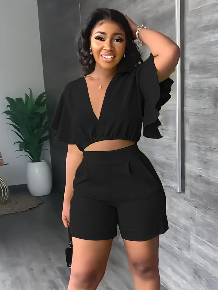 Women's Solid Flounces Short Sleeved Set