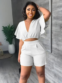 Women's Solid Flounces Short Sleeved Set