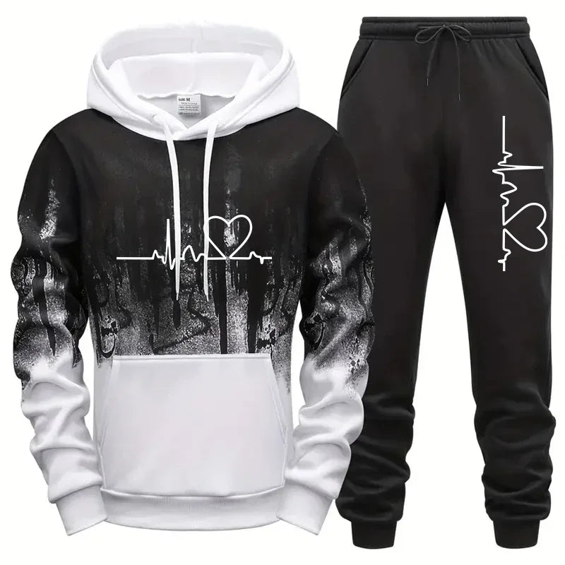 Mens Tracksuit Print Splash-ink Hooded Sweatshirts Streetwear Daily Casual Sports Jogging Mens Clothing Single Piece Tops Pants