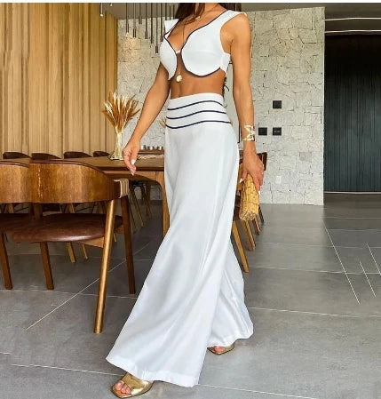 2 Pcs Sexy Elegant Color Blocking Low Cut Set