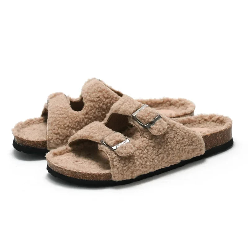Casual Solid Buckle Sheep Fur Cork Slipper