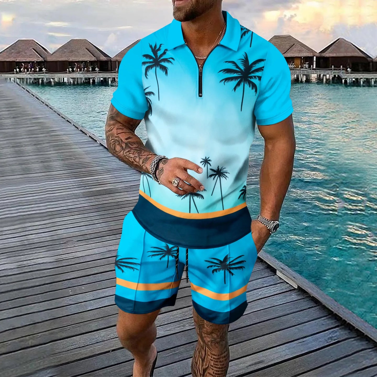 Casual Coconut Print Shorts Two-Piece Suit