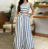 Striped Sleeveless Tube Top + Lace Up High Waist Pants