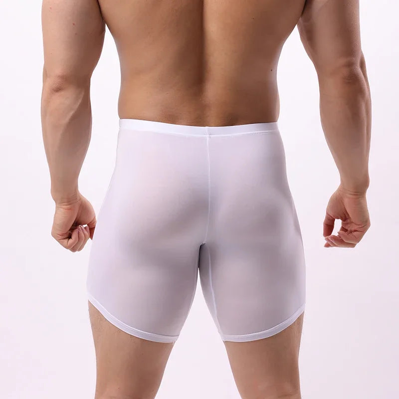 EUR Size Men Long Leg Boxer Shorts Underwear Mid Waist Sexy U Big Pouch Thin Panties Ice Silk Male Breathable Sports Underpants