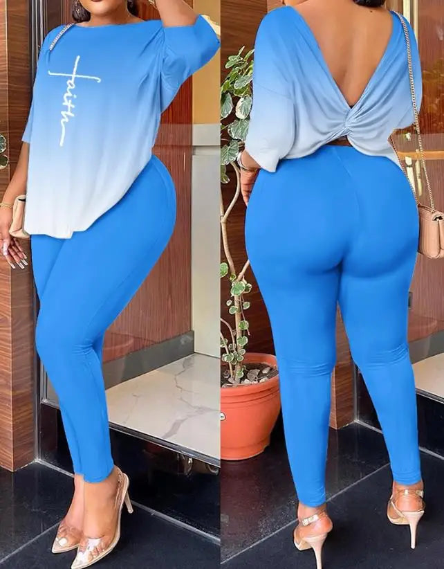 Summer Tie Dye Print Twisted Backless Top & Pants Set