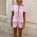 2 Pcs Women Tie Front Plaid Puff Shorts Set